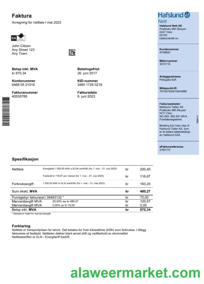 Norway Hafslund utility bill Word and PDF template